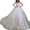 Exquisite Ivory Lace Appliqued Ball Gown Wedding Dresses Long Sleeves V-Neck Chapel Bridal Gowns Dubai Arabic Princess Bride Dress Vestido De Novia Robe De Mariage