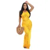 Womens Maxi Dresses 2022 Summer Perspective Sexy Beach Dress Fashion Hollow Out Knitted Neck Tie Long Skirt Clubwear