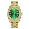 Avanadores de punho Brand Genuine 3583 Luxury Diamond Watches Hip Hop Men Alloy Calendário Golden Quartz Watch Relloj Hombre Acero Inoxidable Green