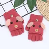 Five Fingers Gloves Children Kids Winter Warm Convertible Flip Top Cartoon Puppy Dog Knitted Plush Lined Flap Cover Fingerless Mittens