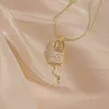 Collier avec serrure et clé pour femmes, en or véritable 14K, bijoux exquis en zircone Aaa Kolye, pendentif