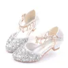 Girls Sandals 2022 Spring Summer Children Half Sandals Kids Crystal Shoes Rhinestone with Pendant Princess Sweet High Heels Chic G220418