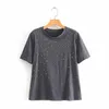 Kvinnor Fashion Solid Rivet Decoration Casual Sticked Tshirt Female O Neck Kort ärm Basic Chic T -shirt Leisure Tops T635 T200512