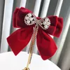 Pins, Brooches Retro Fabric Velvet Bow Tie For Women Tassel Crystal Pearl Bowknot Necktie Shirt Collar Pins Luxulry Wedding Brooch