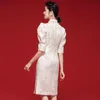 Party Dresses Dress Women S-XXL Light Mature Elegant Ladies 2022 Autumn Gold Yarn Jacquard Puff Sleeve White Cheongsam Knee Length