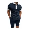 Summer Solid Color Tracks för män Kort ärm Slim Fit Zipper Lapel Polos T-shirt och Sport Shorts 2 Piece Set TZ-41