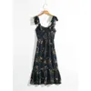 Kadınlar için Elbiseler Zarif Vintage Çiçek Elbise Frill Sweetheart Boyun Kolsuz Kayış Kravat fırfır etek hem yaz sahili elbise 220705