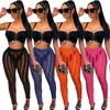 2022 Summer Stripe Printing Mesh Casual Pants For Women Skinny Slim See Through Sexy Thin Trousers 1756