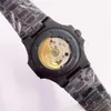 5711 Herren-Automatikuhren, leuchtendes orangefarbenes Zifferblatt, schwarzes Edelstahl-Herrenwerk Asia 2813, eingravierter Text, transparente mechanische Montre de Luxe-Armbanduhr