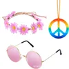 Party Decoratie 3 stks hippie kostuumset Daisy hoofdband zonnebril vredesbord ketting Halloween -benodigdheden accessoires