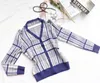 Women Summer Spring Knits Tee Blue plaid V-neck sweater off-the-shoulder design slim-fit long-sleeved sexy knitted cardigan short shirt contrast color knitting wear