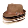 Men Party Top Hat Summer Paper Straw Jazz Fedora Hats with Belt Buckle Breathable Outdoor Travel Beach Sun Protection Cap