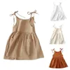 2022 어린이 여름 드레스 솔리드 코튼 민소매 서식기 포켓 베이비 아이 슬링 공주 파티 드레스를 가진 옷