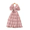 Summer Short Sleeve Dress V Neck Pink Solid Color Spane Panel Ruffle Detail Mid-Calf Plus Size XXL Elastic Midje Eleganta Casual Dresses 22Q042325
