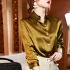 Marca de qualidade de luxo camisa feminina elegante escritório botão até camisas manga longa momi seda crepe cetim blusas negócios senhoras topo w220321