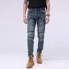 Heren jeans heren streetwear mode mannen elastische gesplitste ontwerper slanke motorrijder retro blauw stretch hiphop denim punk potlood
