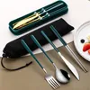 Flatware Sets Portable Cutlery Set Gold Knife Fork Spoon Chopsticks Stainless Steel Tableware With Case Utensils For Kitchen TravelFlatware