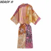 Xeasy kadınlar vintage baskılı bel elastik ön yarık midi elbise dişi boncuk v Boyun dapalı dantelli bornoz bayanlar kimono elbiseler 220613