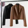 Nerazzurri Brown cropped leather jacket women long sleeve Leather blazers Spring black soft light faux leather top for women xxl 210908