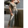 Elegant Loose Bodycon Wide Leg Bandage Jumpsuit Women Summer Sexy Solid CopperAmmonia Silk Long Playsuit High Quality 210608