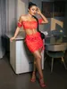 Glamaker Sexy red off shoulder dot two piece set women Summer ruffles sleeve lace up ruched dress suit Party slim skirt 220602