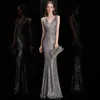 DeerveroLo Elegant V Neck Sequin Evening Dress Long Women Mermaid Formal Party Gown Bodycon Maxi Prom W220421