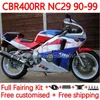 Kit carrosserie pour HONDA CBR400 RR NC29 CBR 400 RR CC NC23 400CC 88-99 Carrosserie 131No.66 CBR400RR 94 95 96 97 98 99 CBR 400RR 1994 1995 1996 1997 1998 1999 OEM Carénage blanc bleu