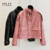 Motorcykel cyklistjacka kvinnor koreansk gata punk läder kappa damer stora fickan blixtlås rosa läderjacka kvinnlig pvc outwear 210908