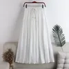 Linen Cotton Pleated Skirt Women Drawstring Elastic High Waist Long Skirts Daily Beach Boho Black White Aline Skirt Faldas Saia 220701