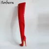 Sorbern czerwone błyszczące buty damskie wałek twardy nad kolana niestandardowa noga szerokie cielę dostępne krocza uda wysoka 18 cm