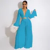 Work Dresses Casual Women Two Piece Tracksuits Long Flare Sleeve Deep V Neck Crop Top And Wide Leg Pants Fashion Club Matching Outfit SetsWo
