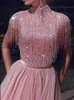 Partykleider Elegante rosa Pailletten Top Tüll A-Linie Abendkleid Frauen Stehkragen kurze Ärmel formelle Abendkleider mit QuasteParty