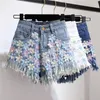 Deat 2020 Spring Summer New Lothones с блестками цветочные джинсы для кисточки для кисточки женская мода с высокой талией джинсовые шорты MF888 T200701
