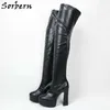 SORBERN MID太ももハイファッションブーツ女性の靴ハイヒール膝の上のハイヒール黒ロングブロックヒールプラットフォームシューズ女性