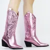 BONJOMARISA Weibliche Mode Vintage Cowboy Cowgirls Western Stiefel Chunky Lässige Solide Stickerei Slip Auf Autunn Retro Schuhe Frau 220810