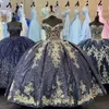 Abiti stile quinceanera blu scuro per abiti da principessa Sweet 16 che bordano paillettes abiti da ballo per feste di compleanno Vestido De 15 Anos