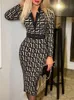 Vrouwen Sexy V-hals Hoge Taille Bodycon Party Jurk Mode Vintage Dots Print Lange Mouw Midi Jurk Dames Elegante Gordel Jurken 220316