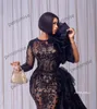 Afrikansk se till kvällsklänningar för kvinnors paljett sjöjungfru prom klänning spets applikation långärmad ruffles fest kändis klänningar