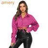 Summer New Long Sleeved Women Crop Tops Solid Color Cardigan Bandage Blouse Lapel Single Breasted Urban Leisure Fashion Shirt