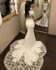 Elegant Satin Mermaid Wedding Gowns With Long Sleeves Lace Appliqued Jewel Neck Bridal Dress Court Train Illusion Buttons Back Vestidos De Novia Plus Size CL0765