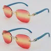 Whole Diamond Cut 3524012 Metal Rimless Sunglasses Blue Wood Frame Fashion High Quality Sun glasses Men Wooden Design Classica8113867