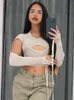 Goth Dark Y2k Punk Sexy Women 2 Pc Set T-shirts Cyber Bodycon Patchwork Halter Crop Tops Grunge Bandage Cut Out Sleeve Streewear 220408