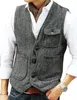 Mens Vest Brown Herringbone Wool Tweed V Neck Single Breasted Retro Tooling Vest Male Gentleman Business Waistcoat For Wedding 220704