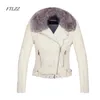 FTLZZ New Women Winter Faux Leather Jacket Warm Large Fur Collar Lady Motorcycle Pu Faux Soft Leather White Black Pink Coat L220728