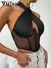 Viifaa Sexy Hollow Out Criss-Cross Halter Mesh Corset Top Women Clubwear Summer Clothes Backless Black Tank Tops 220316