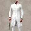 African Slim Fit Mens Suits Stand Collar 2 Pieces Wedding Tuxedos Long Jacket And Pants Middle East Arabic White Royal Blue Groom Formal Wear Prom Party Blazer Set