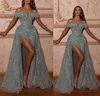 Vestidos de baile de sereia azul Princesa aplique lantejoulas fora de ombro sem mangas v pescoço de pescoço de pescoço comprimento de fenda lateral alta de alta fenda