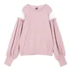 Kvinnors hoodies tröjor vsue kvinnor rosa mesh lapptäcke o nacke puffhylsa tröjor h0056
