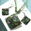Earrings & Necklace Square Pendant Earring Sets Multilayer Leather Natural Shell Stone Costume Jewelry SetEarrings