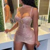 Jesień zima kobiety bez rękawów Bling Niski krojony chuda zawód kontrastowa siatka Cami cekin bodycon sukienka 220608